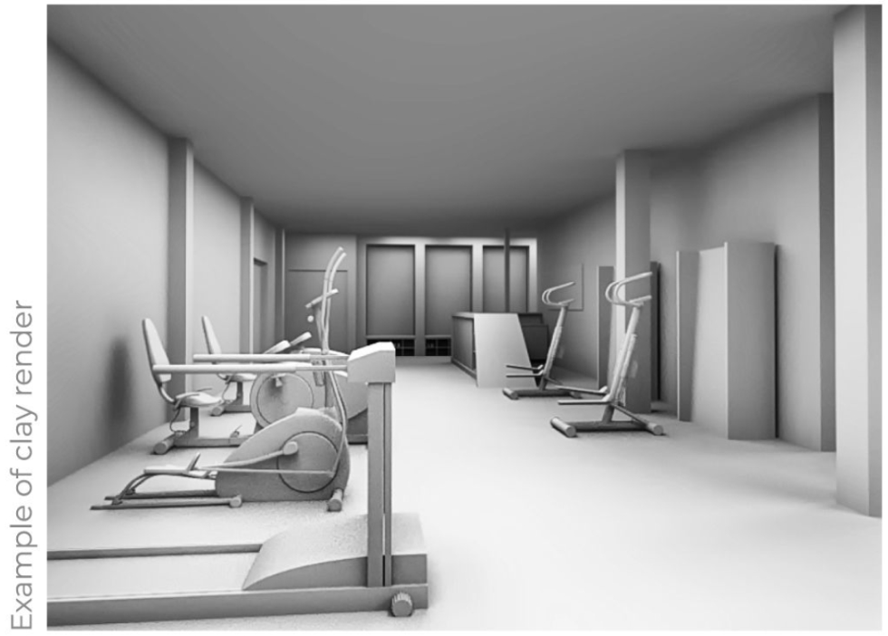 Untextured grey clay render of a gym interior.