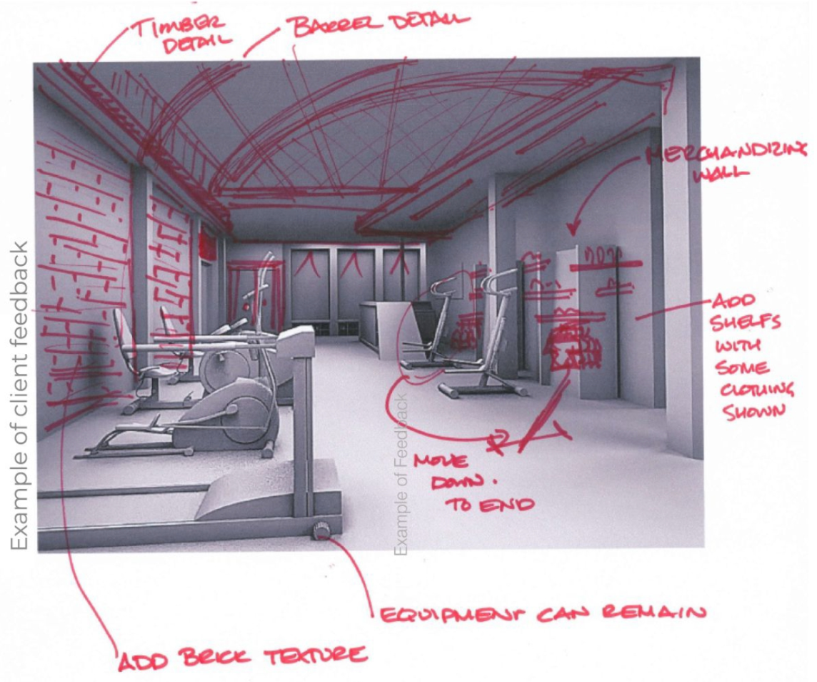 The gym draft with handwritten client feedback on materials, shelves and layout.